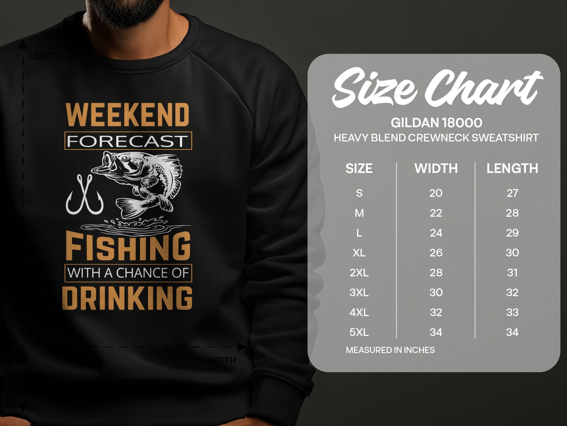 Gildan 18000 sweatshirt size chart with fishing and drinking graphic.