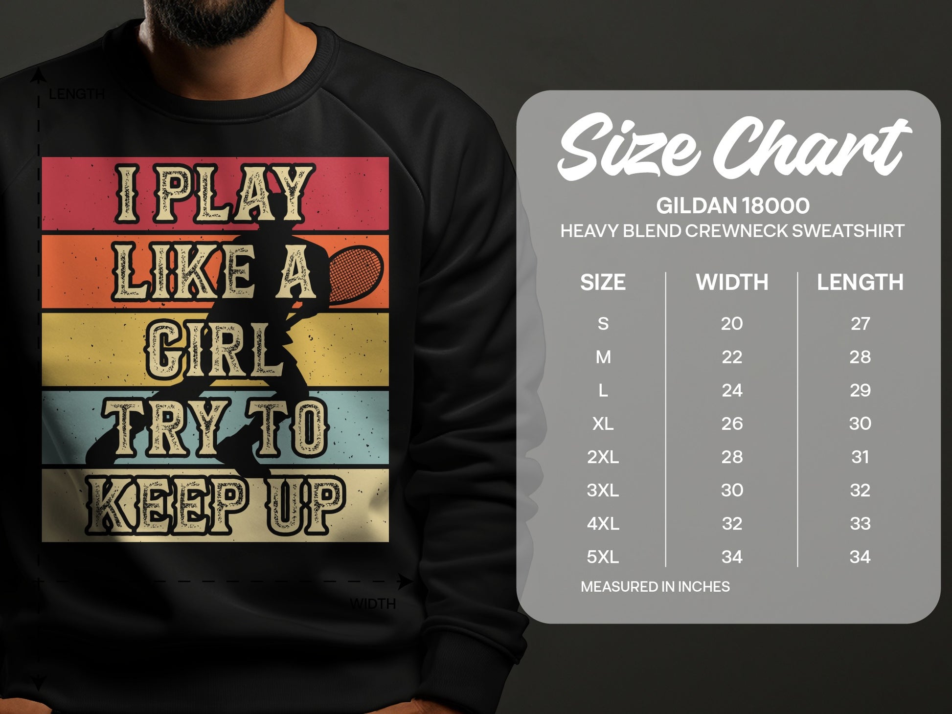 Sweatshirt with "I play like a girl try to keep up" graphic and size chart.