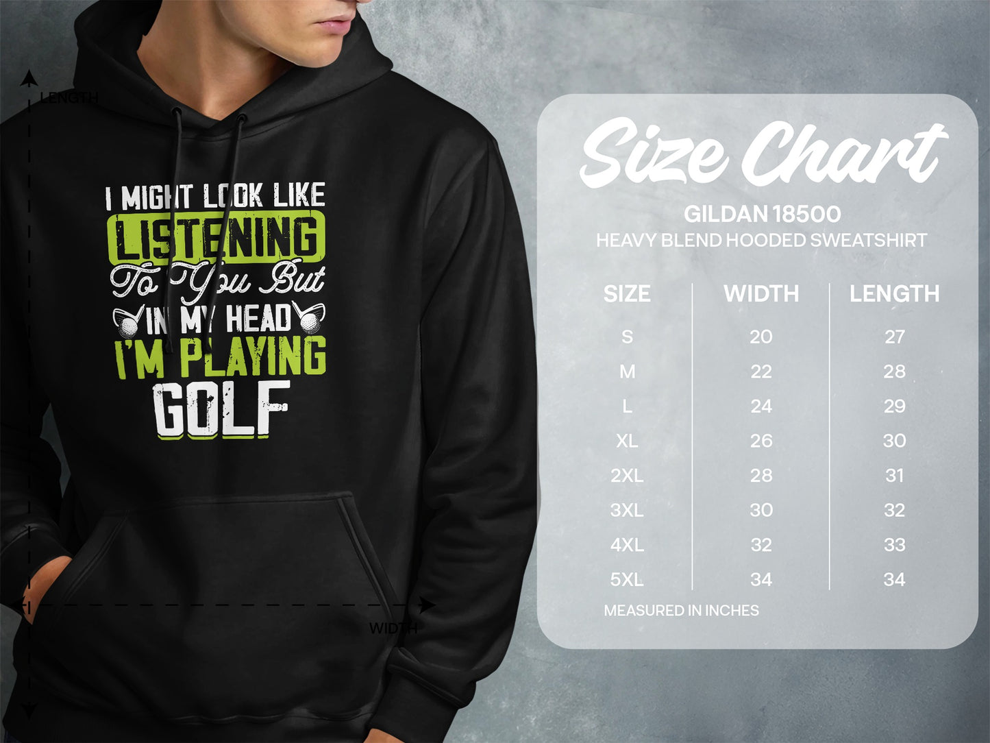 Hooded sweatshirt with "I'm Playing Golf" graphic and size chart.