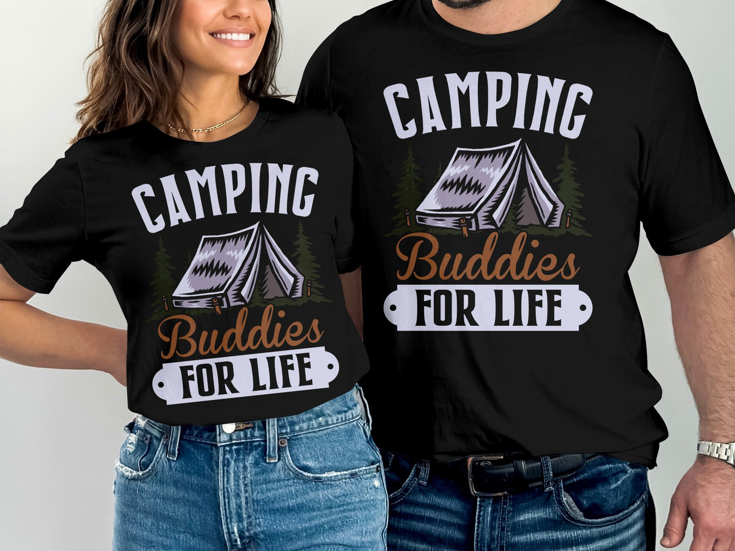Black t-shirts with "Camping Buddies For Life" text and tent graphic.