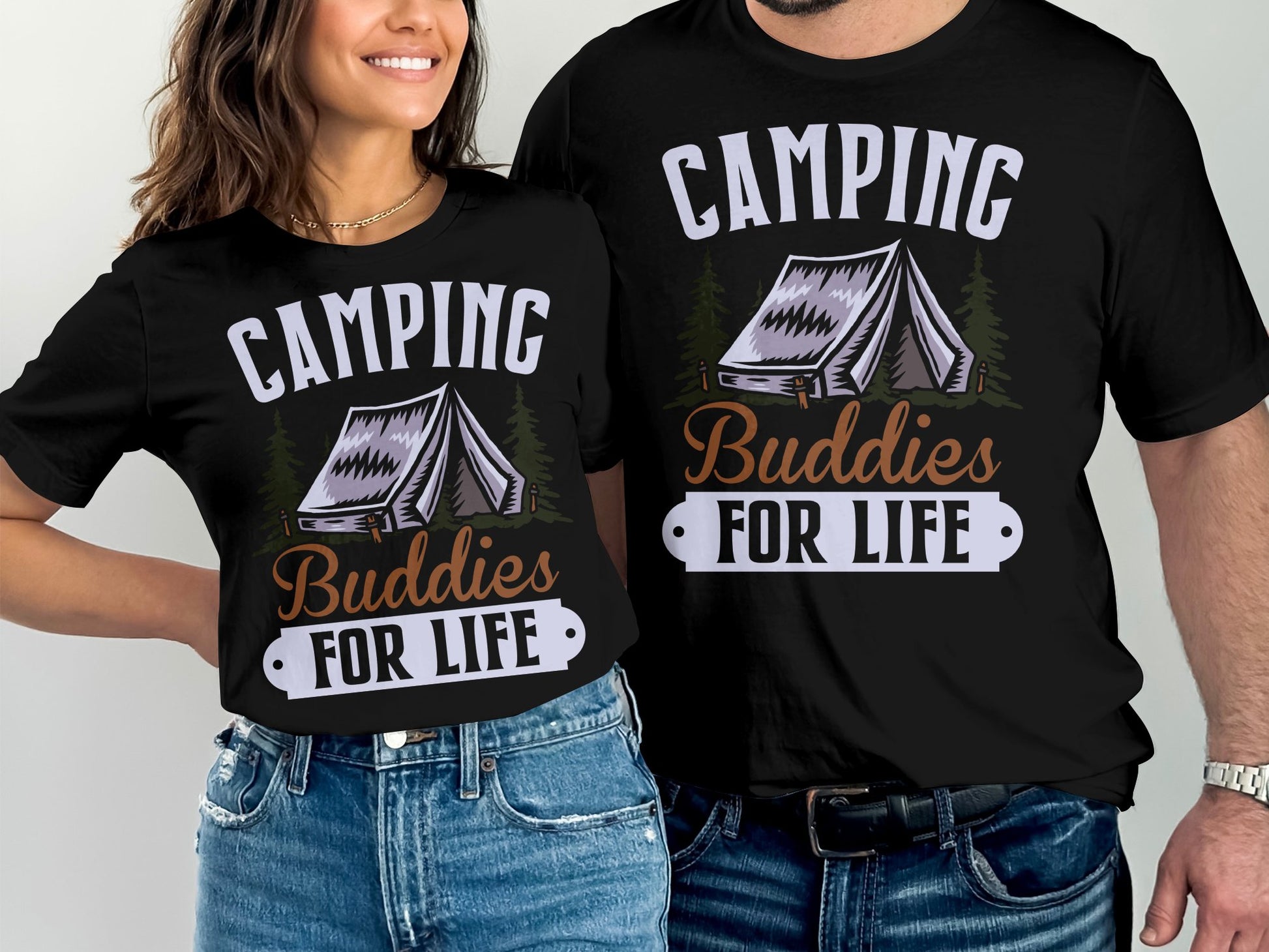 Black t-shirts with "Camping Buddies For Life" text and tent graphic.
