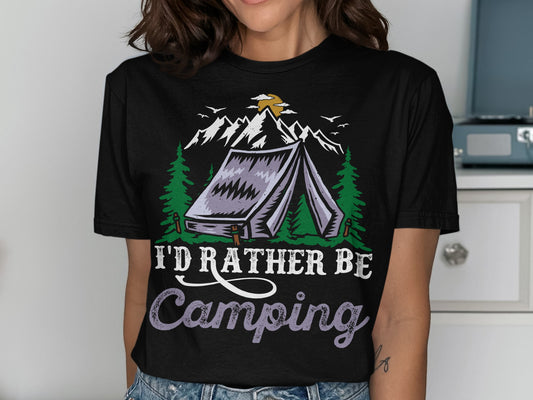 Black t-shirt with "I'd rather be camping" graphic of tent, mountains, and trees.