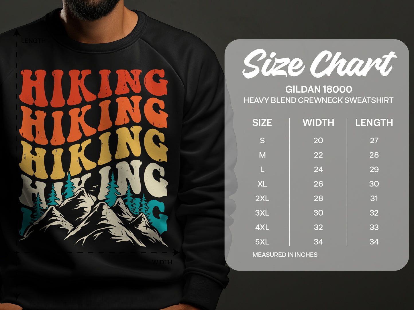 Crewneck sweatshirt size chart for Gildan 18000 heavy blend.