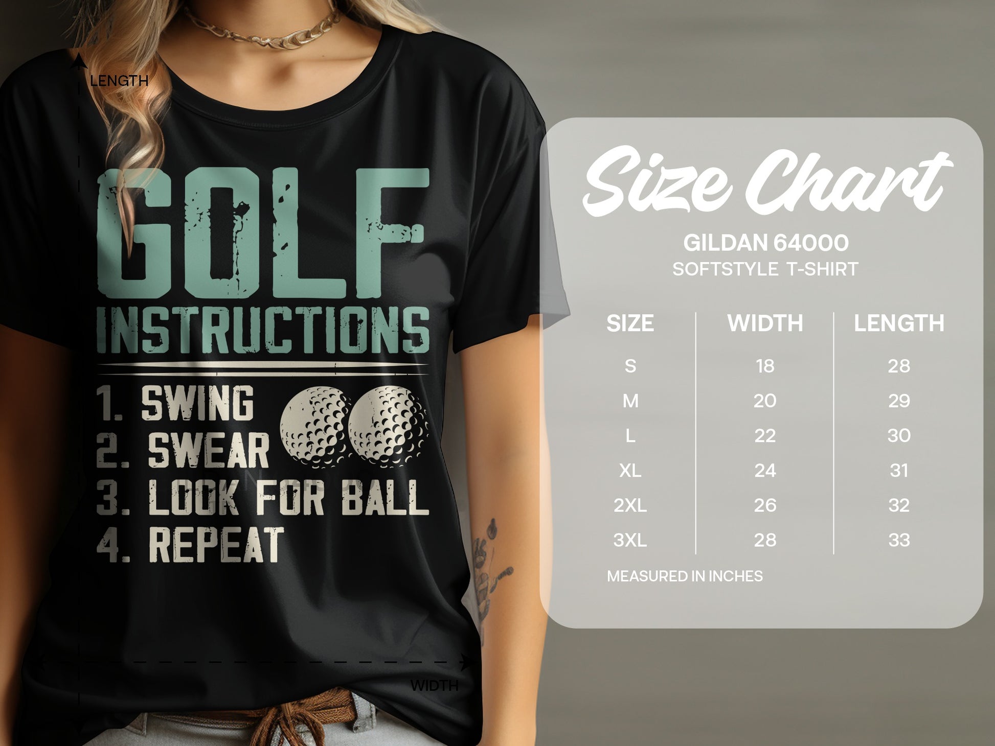 Black t-shirt with "GOLF INSTRUCTIONS 1. SWING 2. SWEAR 3. LOOK FOR BALL 4. REPEAT" and size chart.