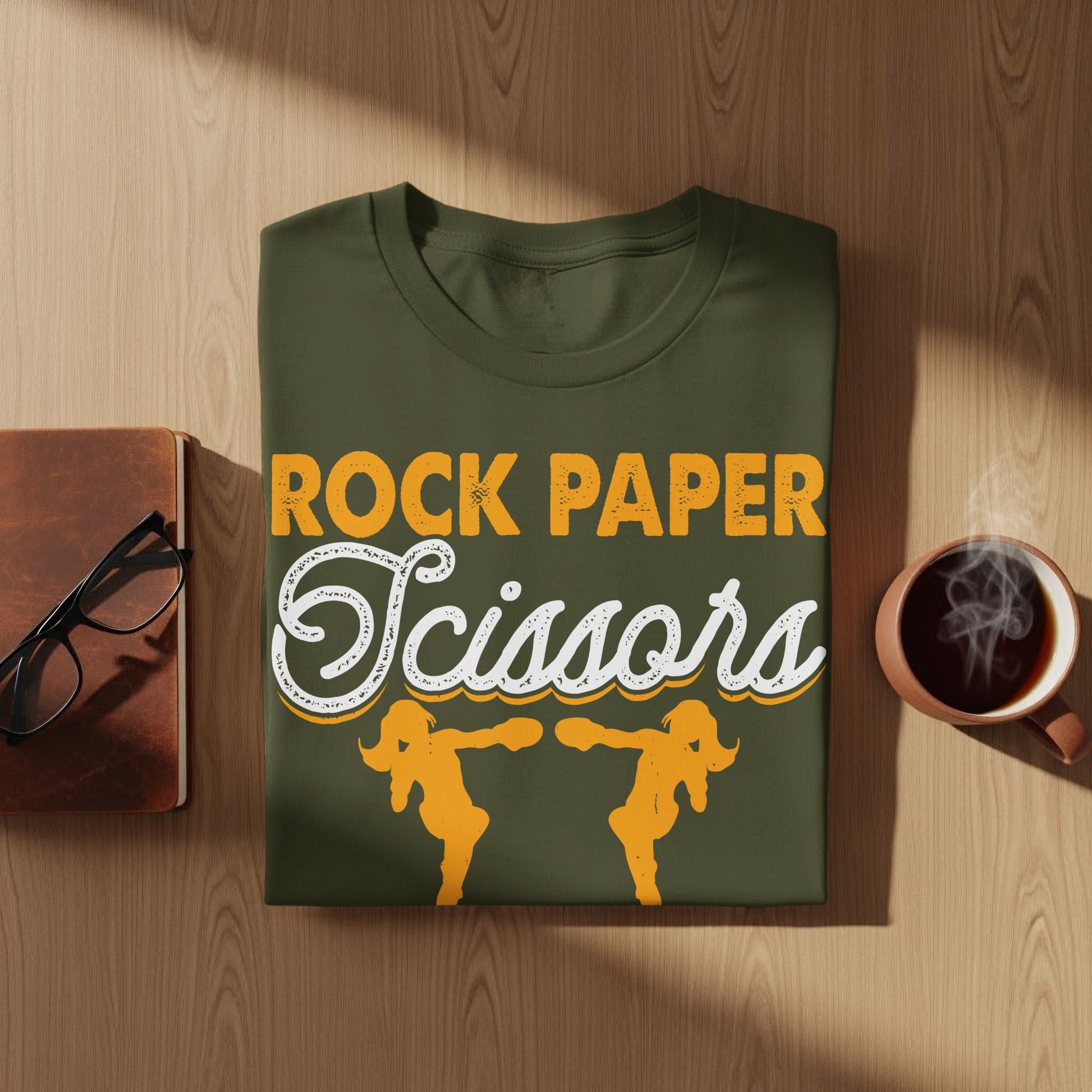 Olive t-shirt with "Rock Paper Scissors" text and graphic.