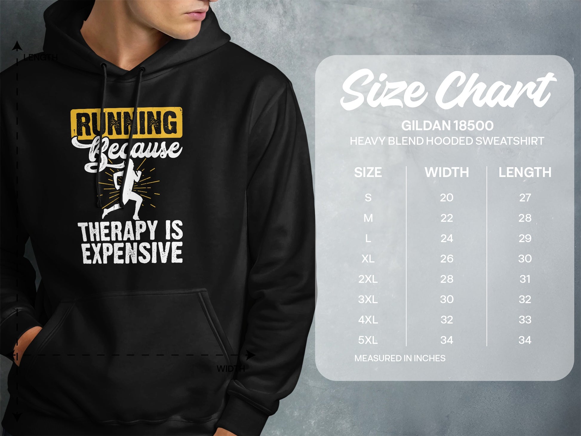Black Gildan 18500 sweatshirt with "Running Because Therapy Is Expensive" graphic and size chart.