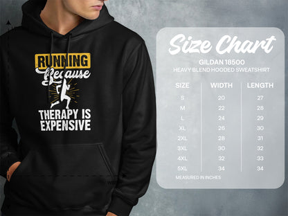 Black Gildan 18500 sweatshirt with "Running Because Therapy Is Expensive" graphic and size chart.
