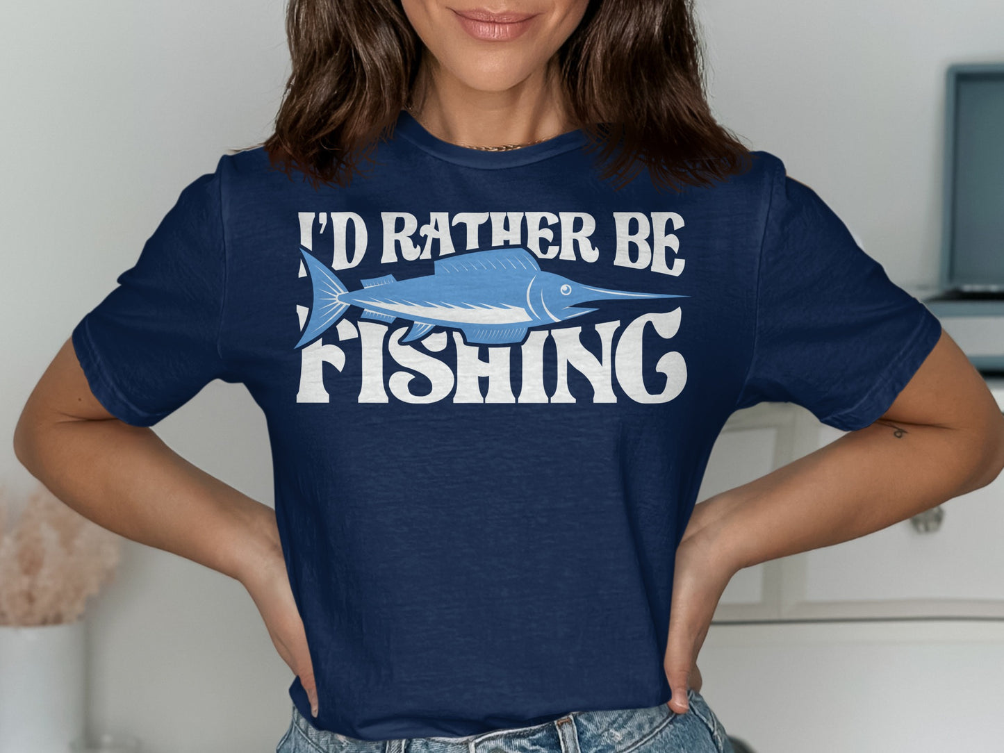 Navy t-shirt with "I'd Rather Be Fishing" and a blue marlin graphic.