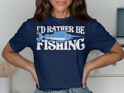 Navy t-shirt with "I'd Rather Be Fishing" and a blue marlin graphic.