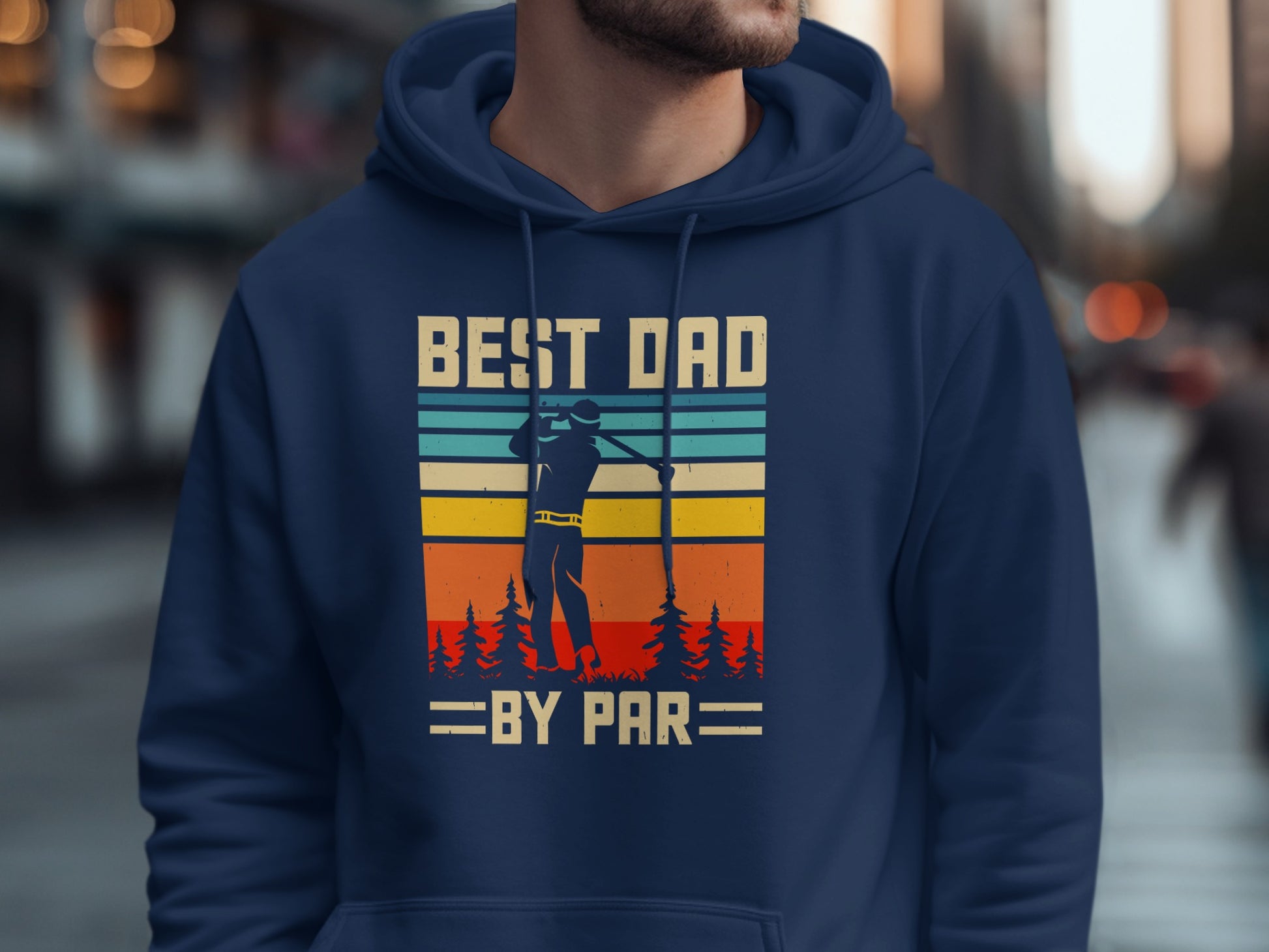 Navy blue hoodie with "BEST DAD BY PAR" and golfer silhouette design.