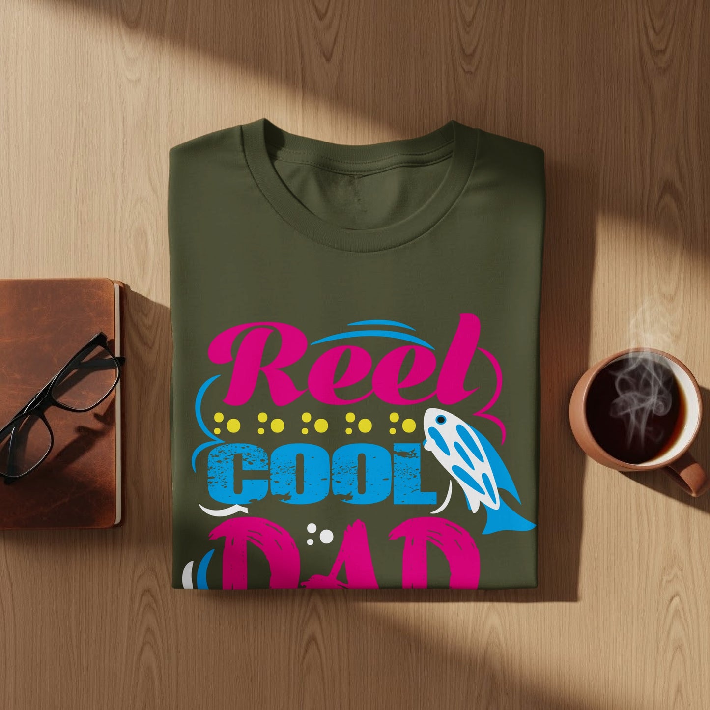 Green t-shirt with "Reel Cool Dad" text and a fish graphic.