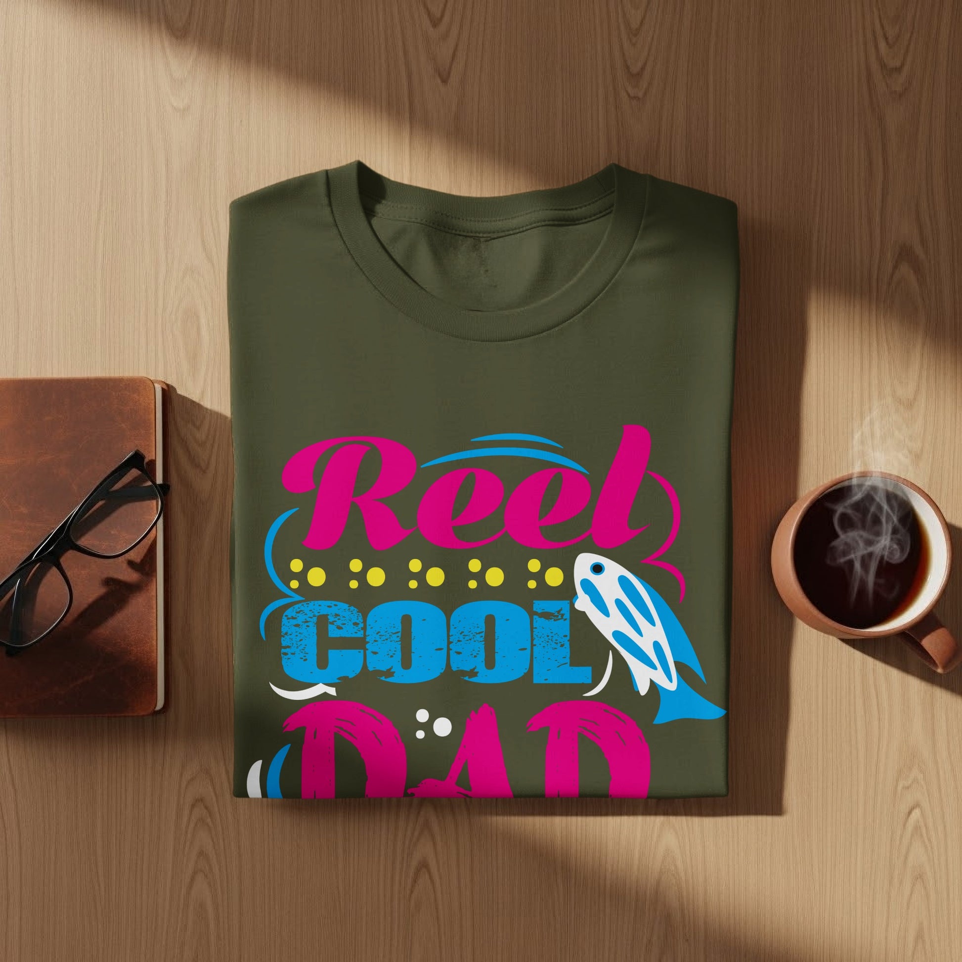 Green t-shirt with "Reel Cool Dad" text and a fish graphic.