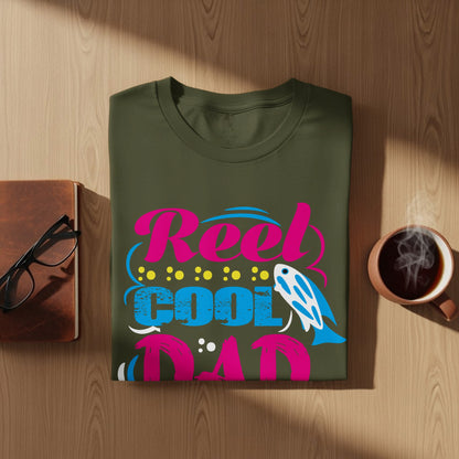 Green t-shirt with "Reel Cool Dad" text and a fish graphic.