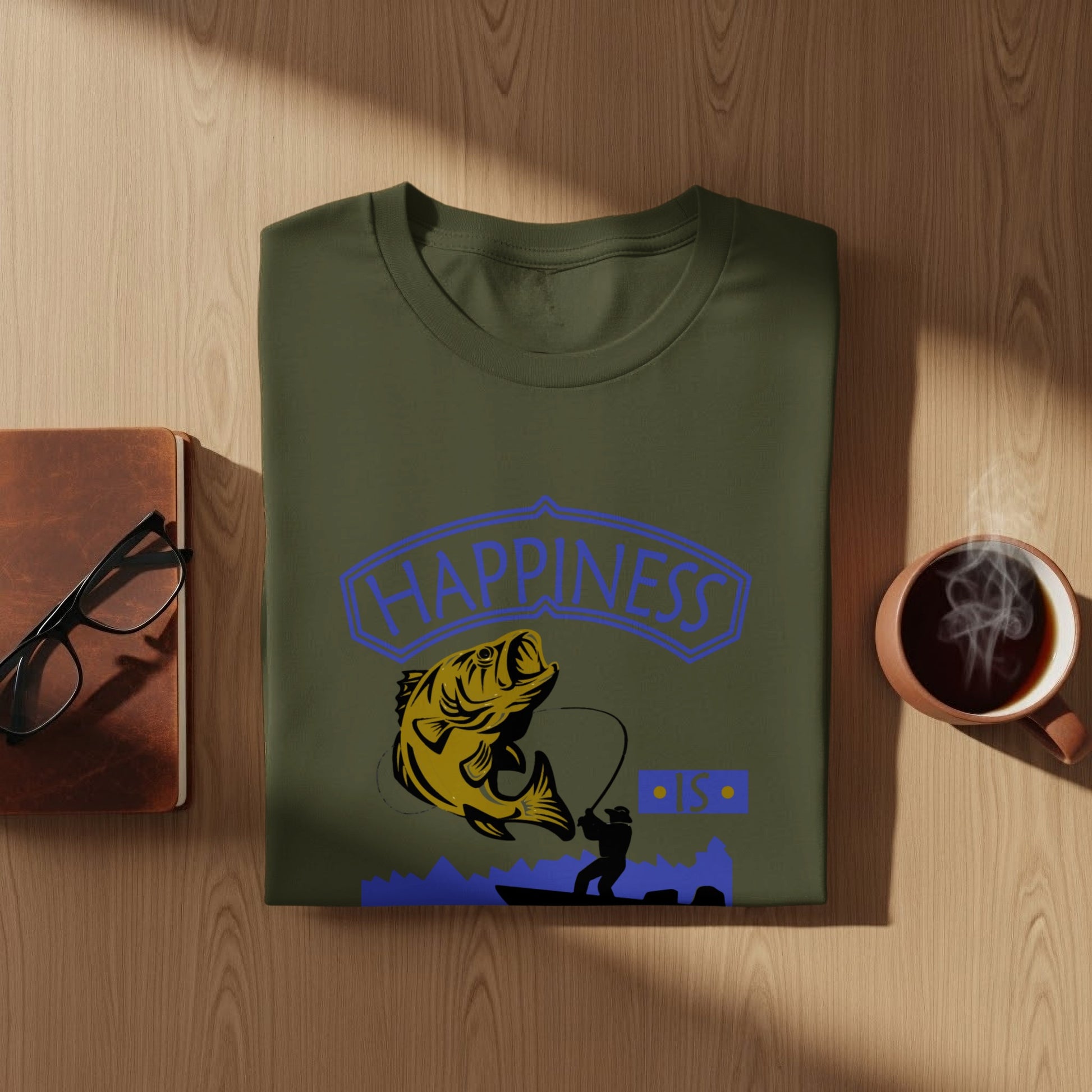 Green t-shirt with "Happiness" text and a fishing graphic.