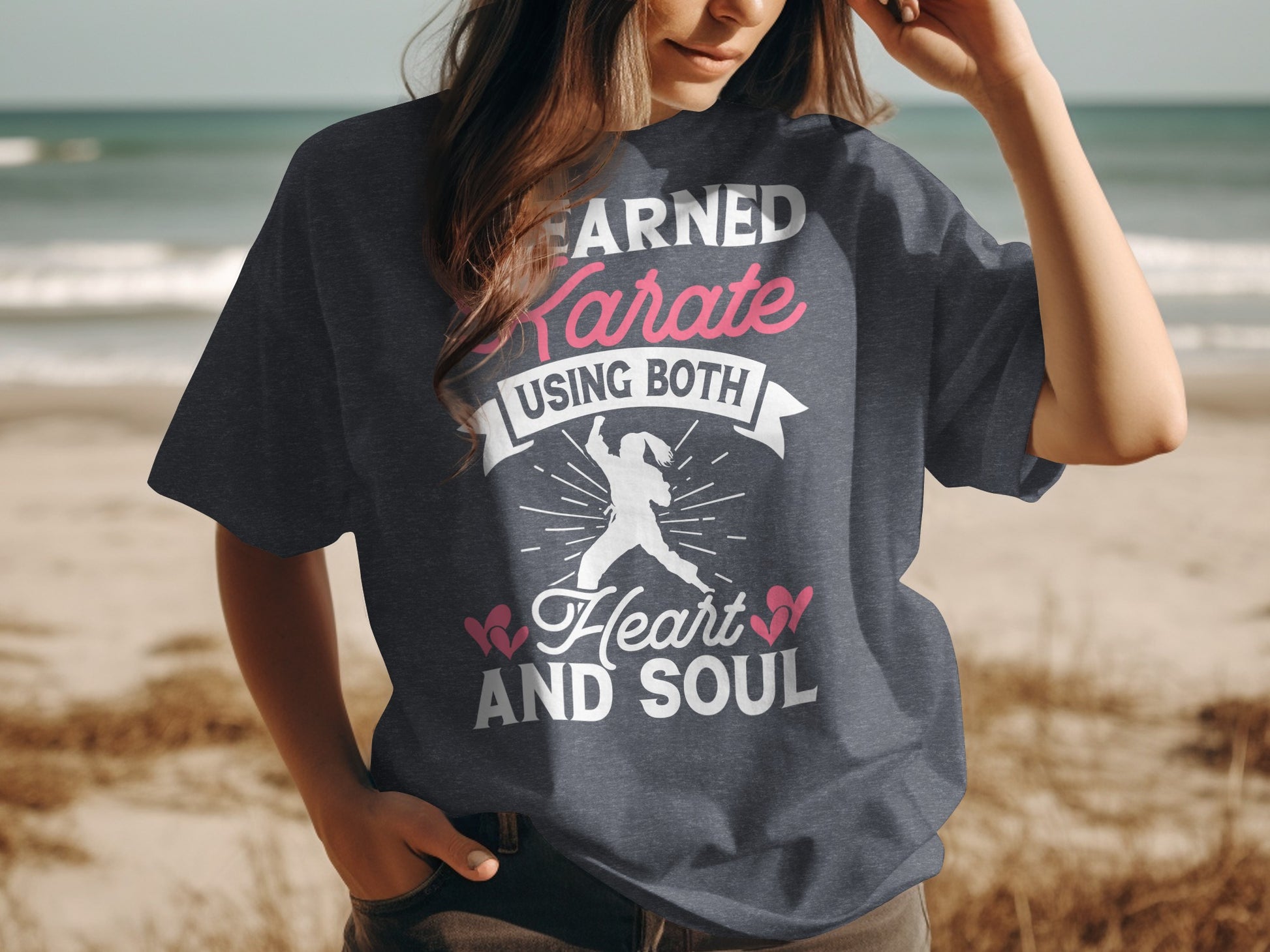 Dark grey t-shirt with "Earned Karate Using Both Heart and Soul" text and graphic.