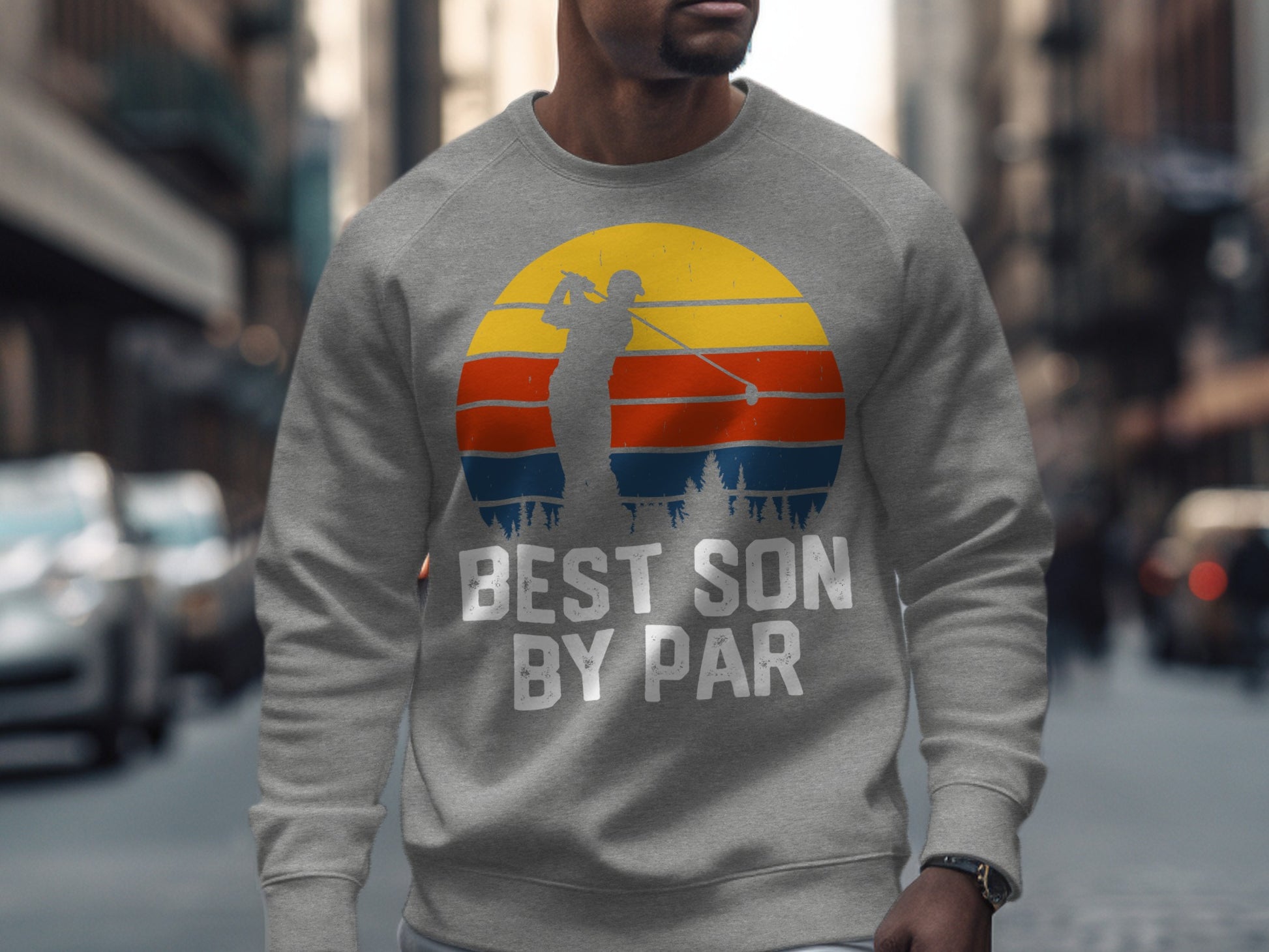 Grey sweatshirt with a golfer silhouette and "BEST SON BY PAR" text.