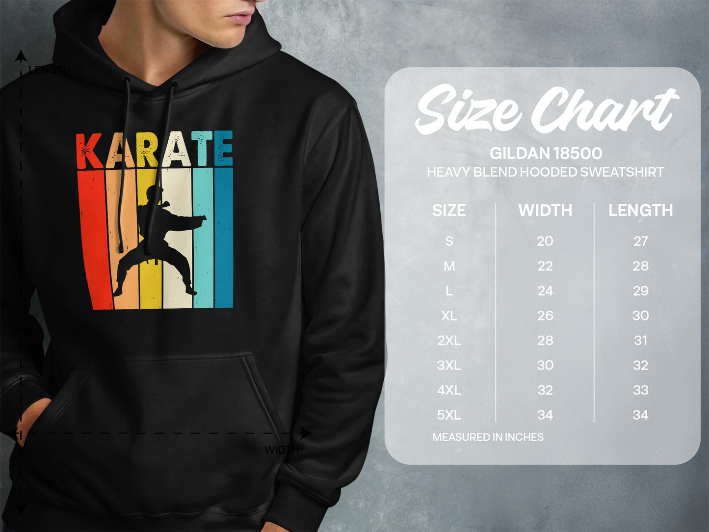 Karate graphic on a vintage-style hoodie, with size chart for Gildan 18500 sweatshirt.