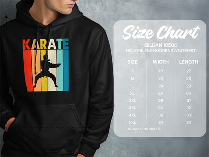 Karate graphic on a vintage-style hoodie, with size chart for Gildan 18500 sweatshirt.