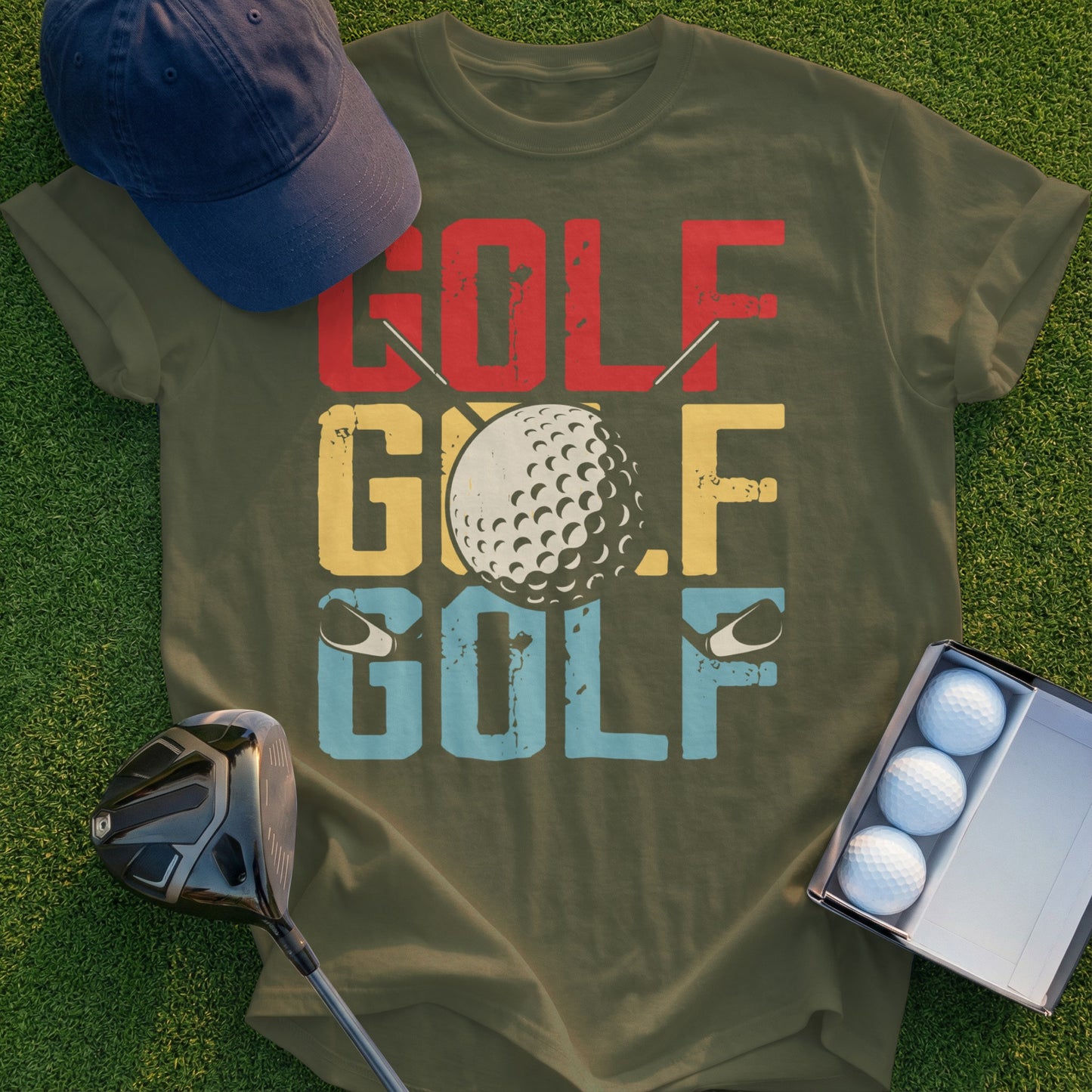 Green t-shirt with "GOLF GOLF GOLF" text and a golf ball.