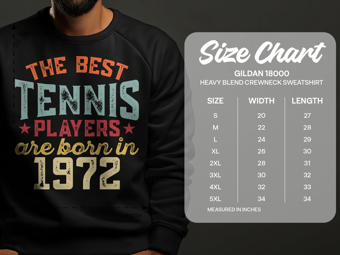 T-shirt size chart with "The Best Tennis Players are born in 1972" graphic.