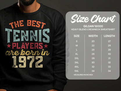 T-shirt size chart with "The Best Tennis Players are born in 1972" graphic.