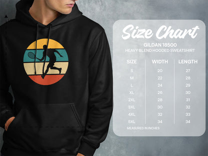 Size chart for Gildan 18500 heavy blend hooded sweatshirt.