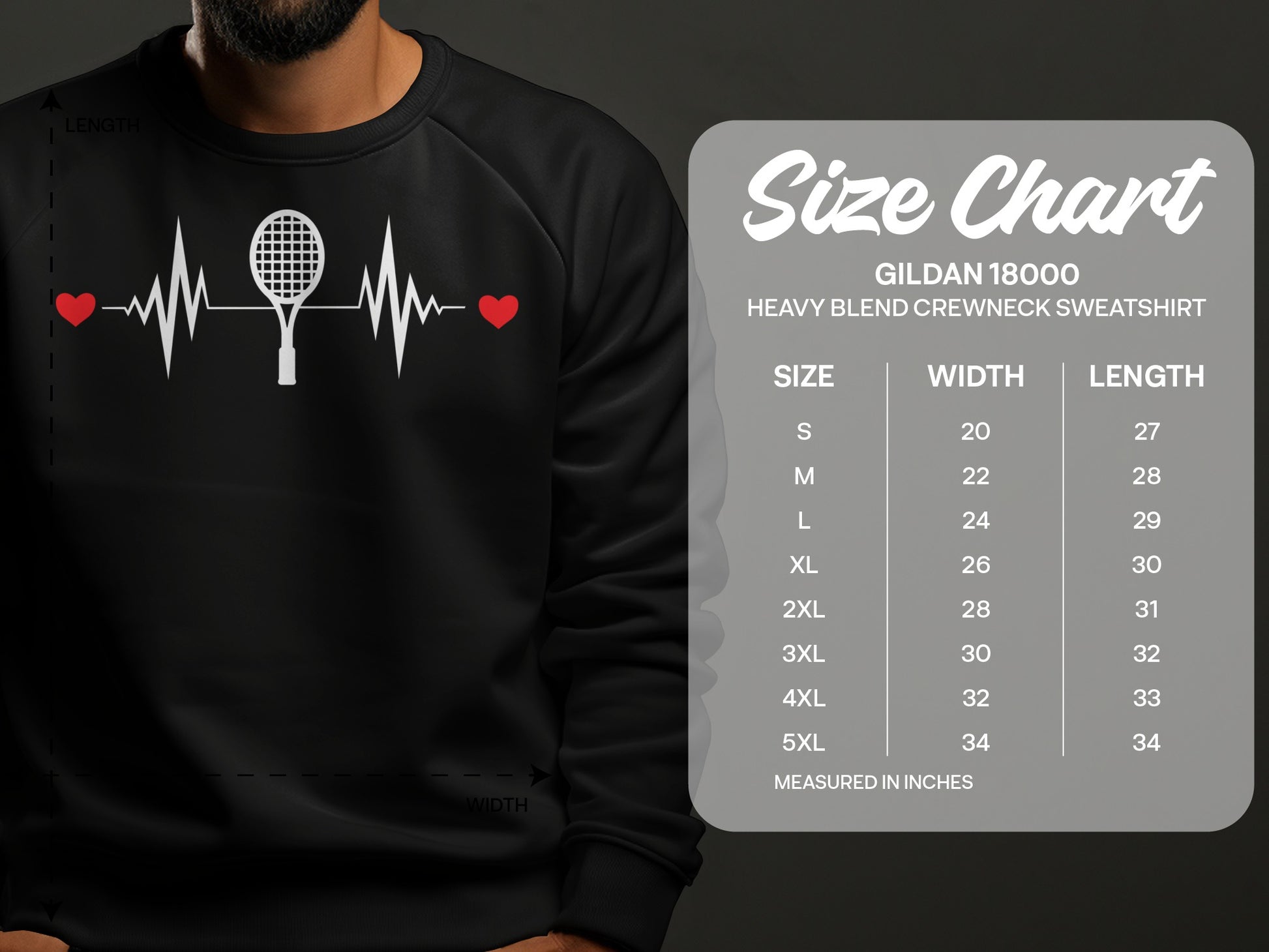 Gildan 18000 sweatshirt size chart with tennis racket and heartbeat graphic.