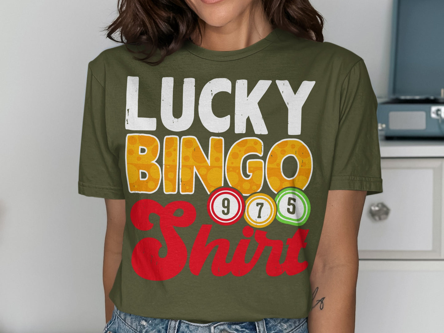 Green t-shirt with "Lucky Bingo Shirt" text and bingo balls.