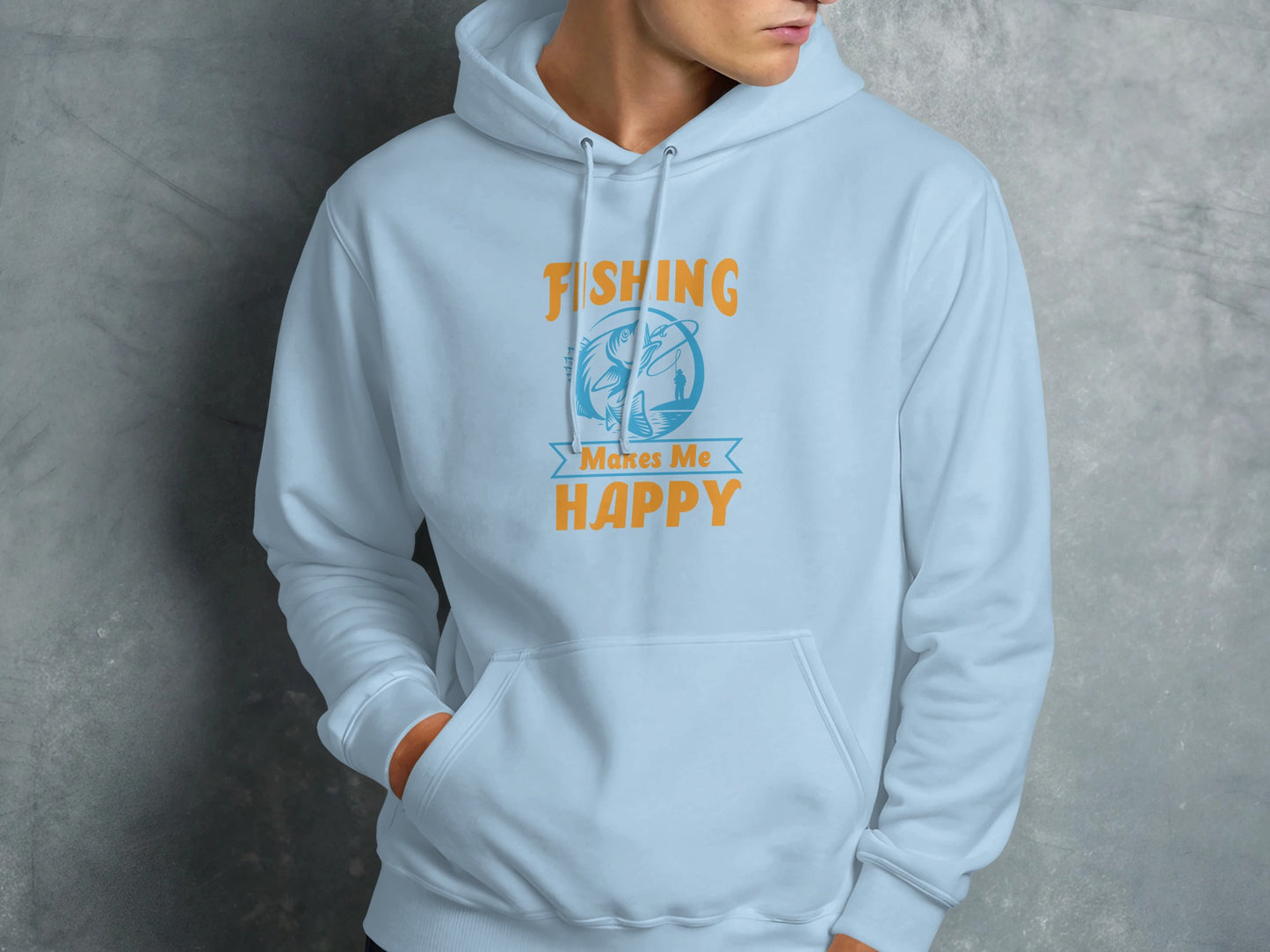 Light blue hoodie with "Fishing Makes Me Happy" text and fishing graphic.