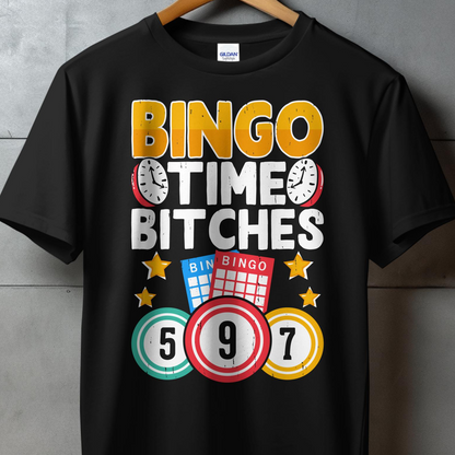 T-shirt with "Bingo Time Bitches" text, bingo cards, and stars.