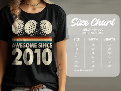 Gildan 64000 T-shirt size chart with golf ball graphic.