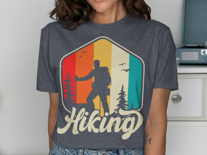 T-shirt graphic of a hiker with colorful stripes and "Hiking" text.