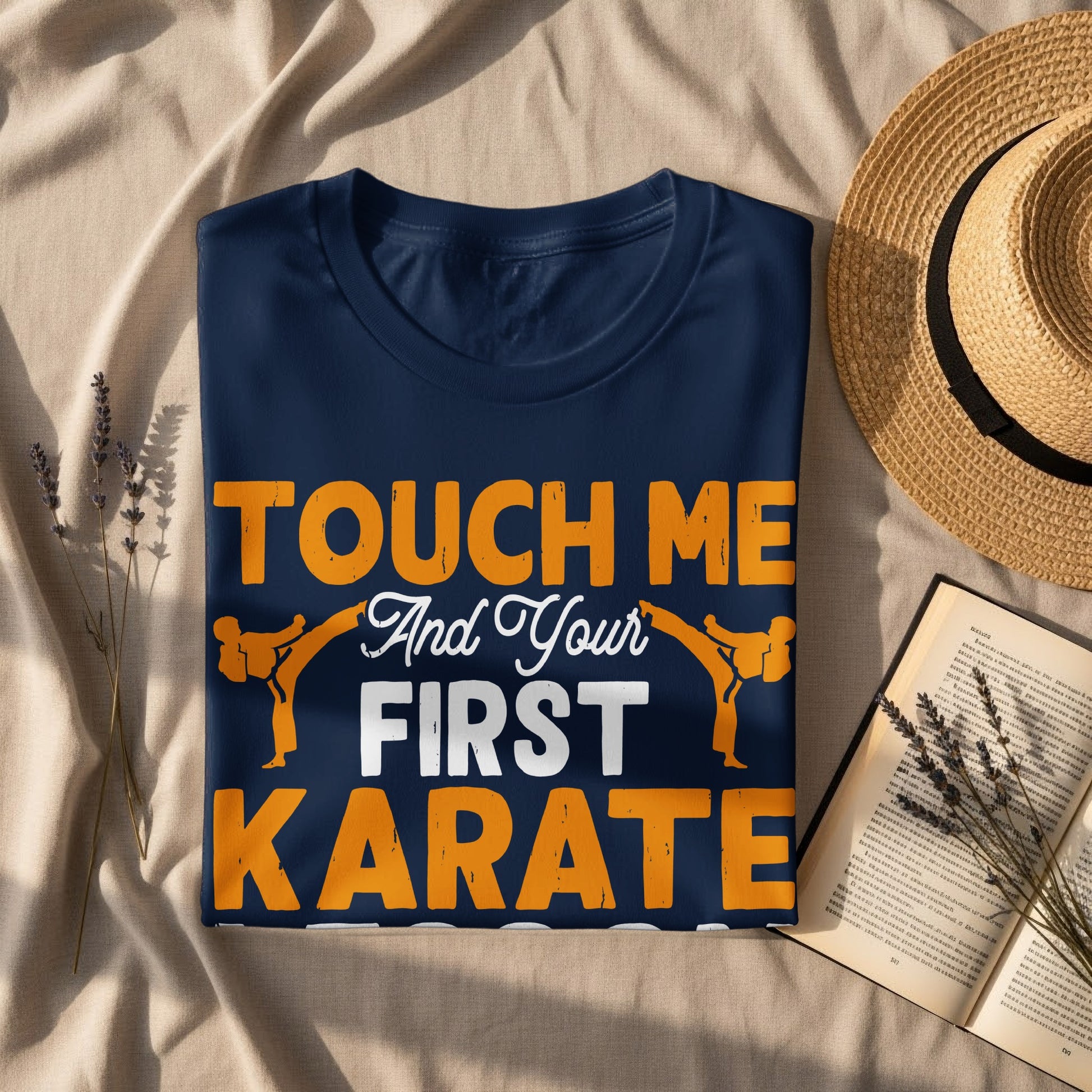 Navy t-shirt with "Touch Me And Your First Karate" text and karate graphics.
