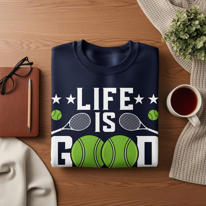 Navy sweatshirt with "LIFE IS GOOD" text and tennis balls and rackets.