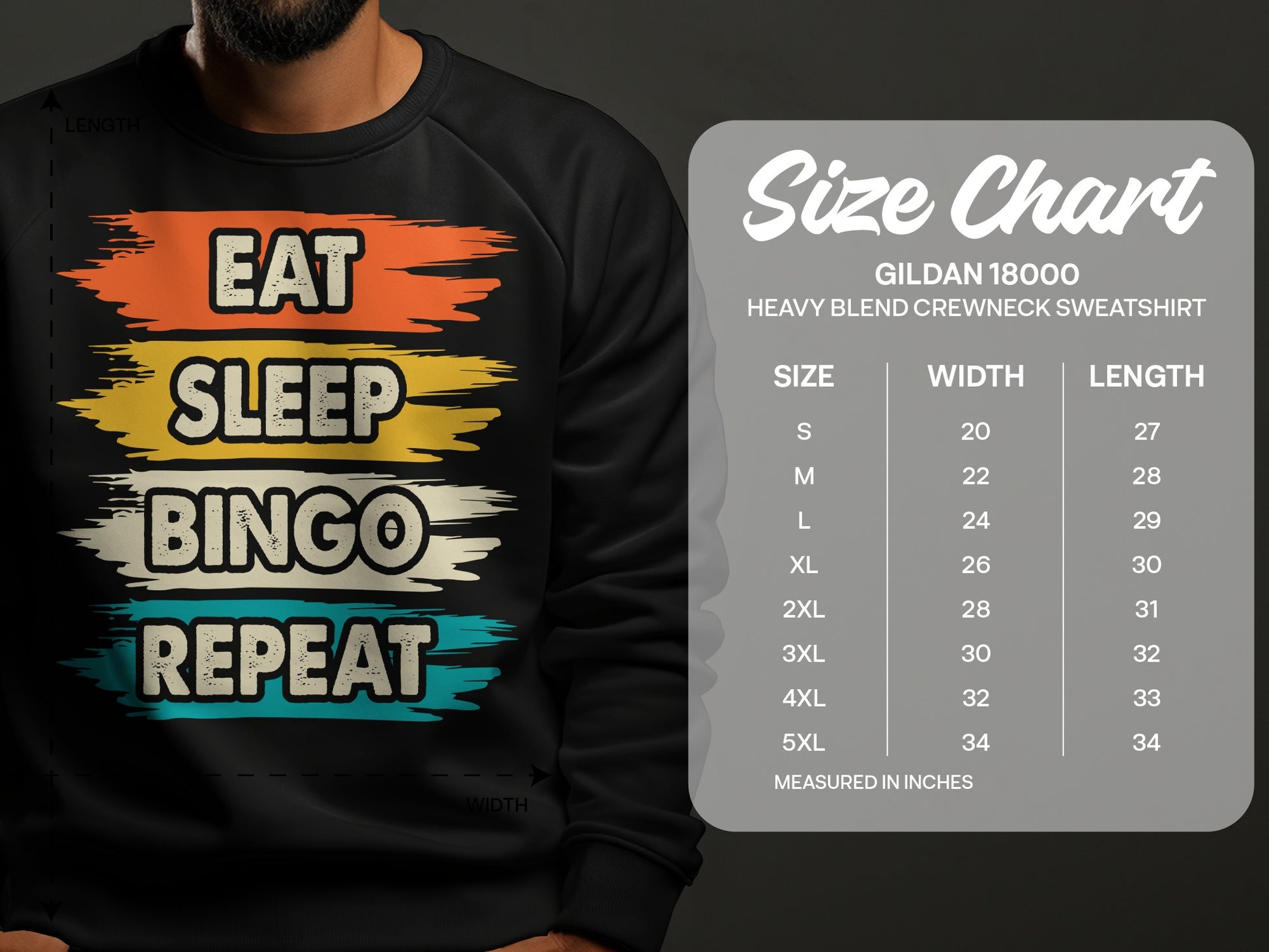 Size chart for Gildan 18000 Heavy Blend Crewneck Sweatshirt in inches.