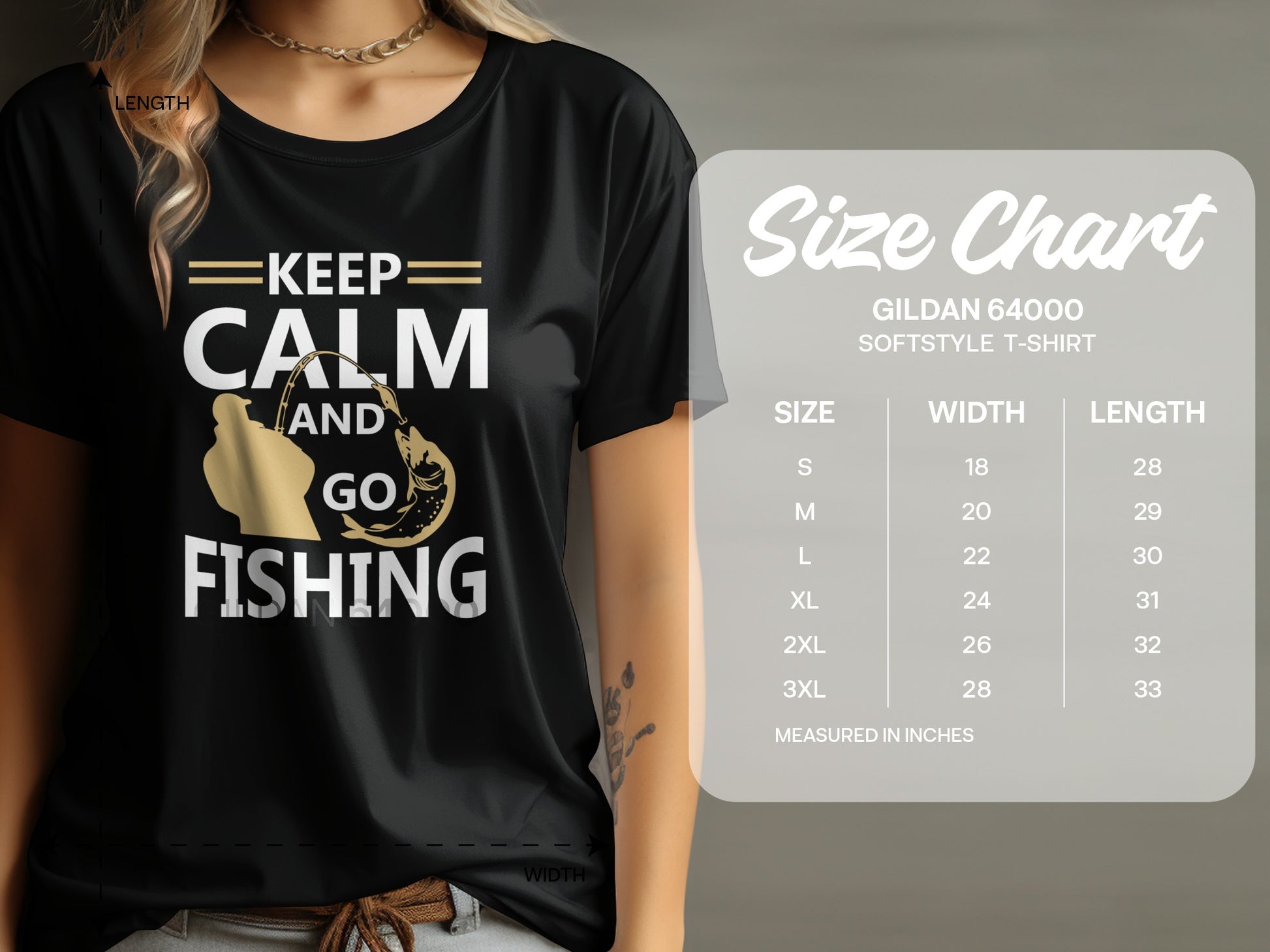 T-shirt with "Keep Calm and Go Fishing" text and fishing graphic, with size chart.