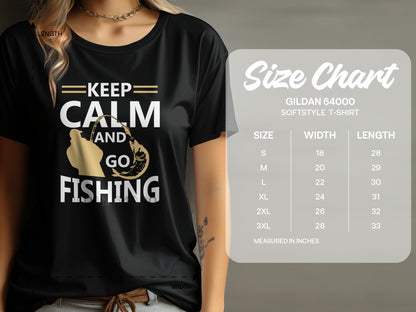 T-shirt with "Keep Calm and Go Fishing" text and fishing graphic, with size chart.