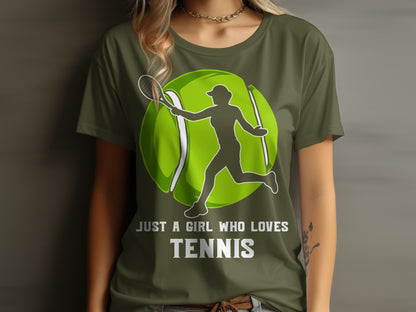 Woman wearing a t-shirt with a tennis ball and silhouette of a player.