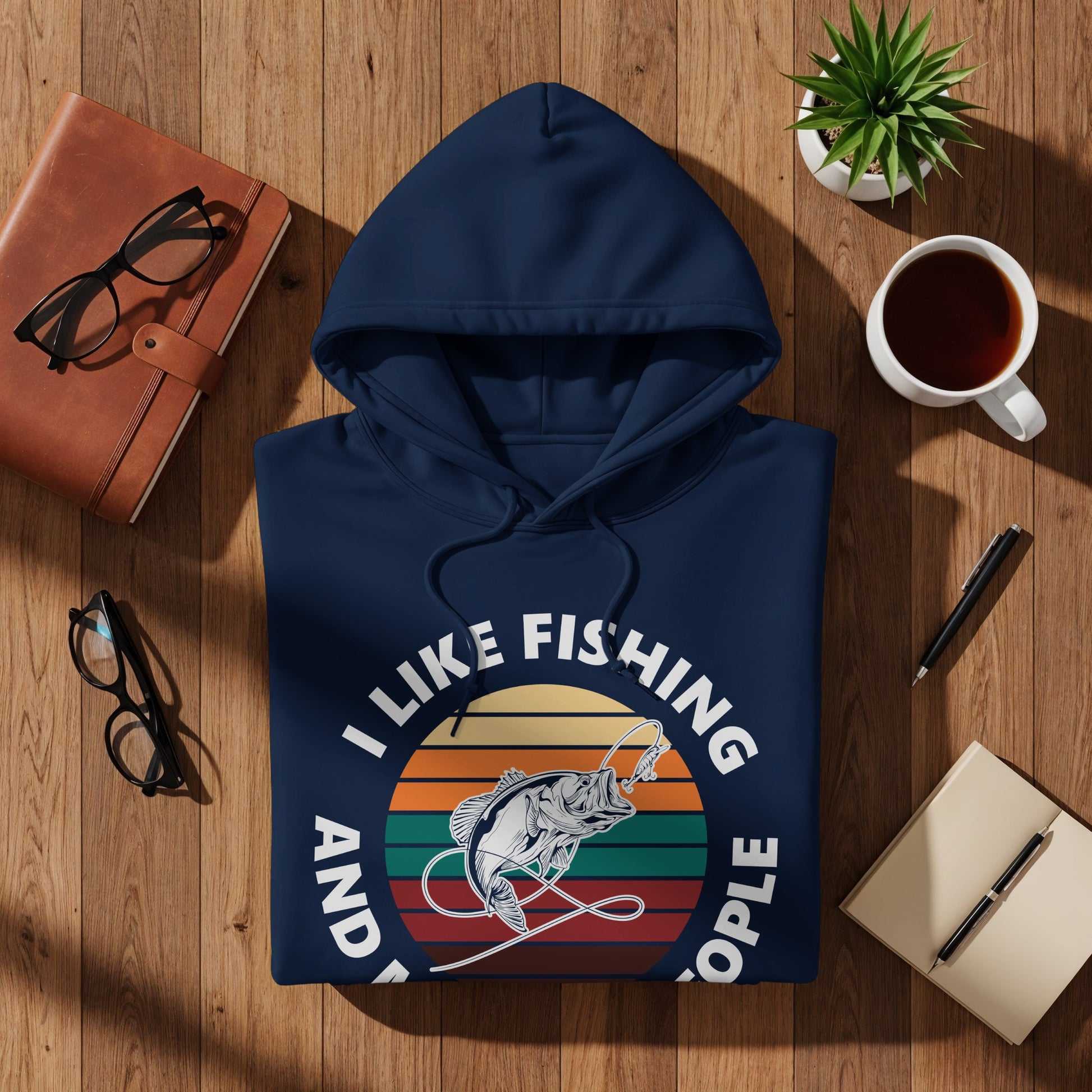 Navy hoodie with "I Like Fishing And People" text and a fish graphic.