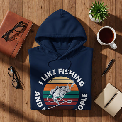 Navy hoodie with "I Like Fishing And People" text and a fish graphic.