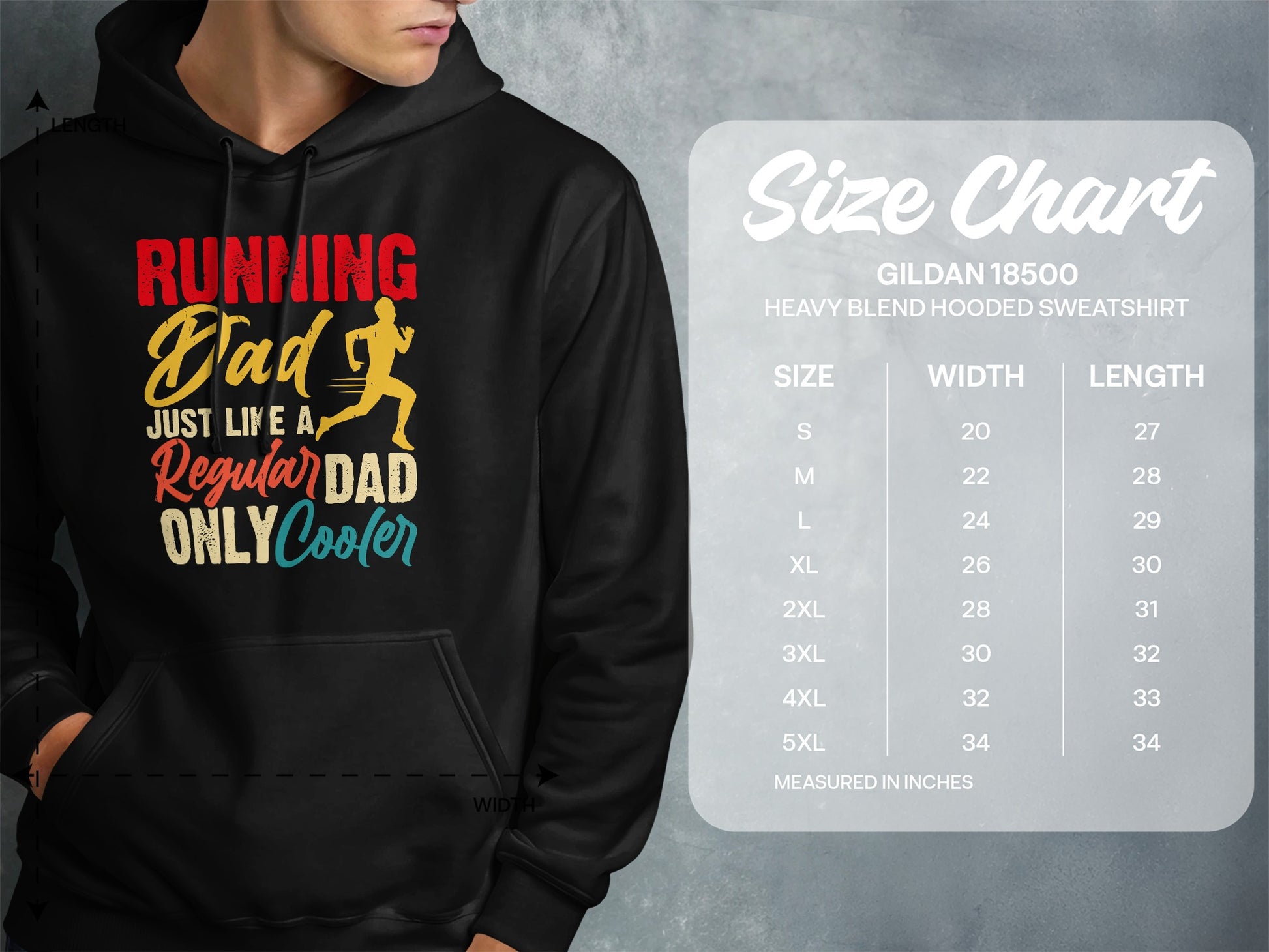 Hoodie size chart with width and length measurements for Gildan 18500.