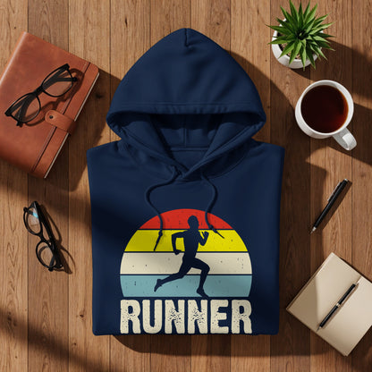 Navy hoodie with a runner silhouette against a striped sunset, text "RUNNER".
