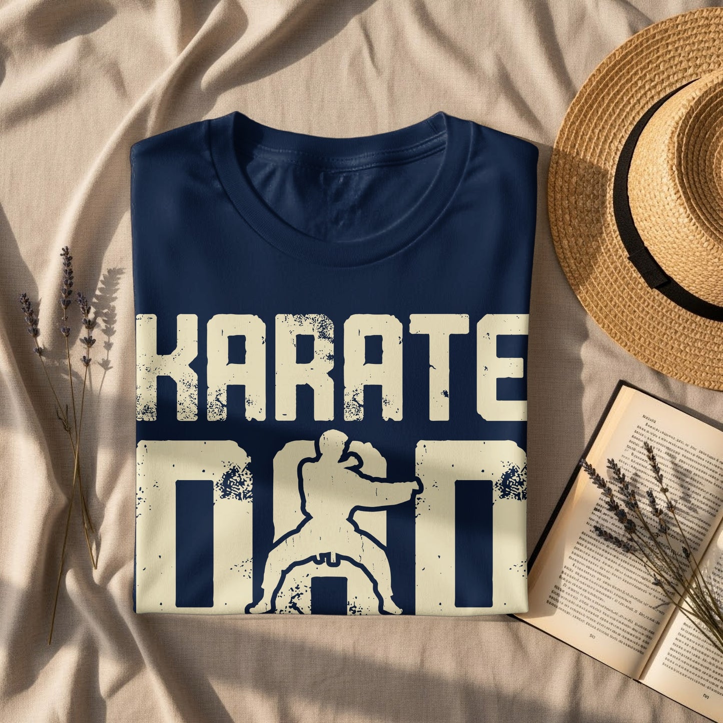 Navy t-shirt with "KARATE DAD" text and martial arts silhouette.