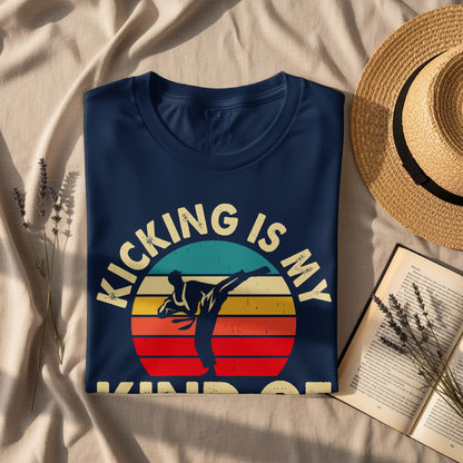 Navy t-shirt with "Kicking is my cardio" in a retro font.