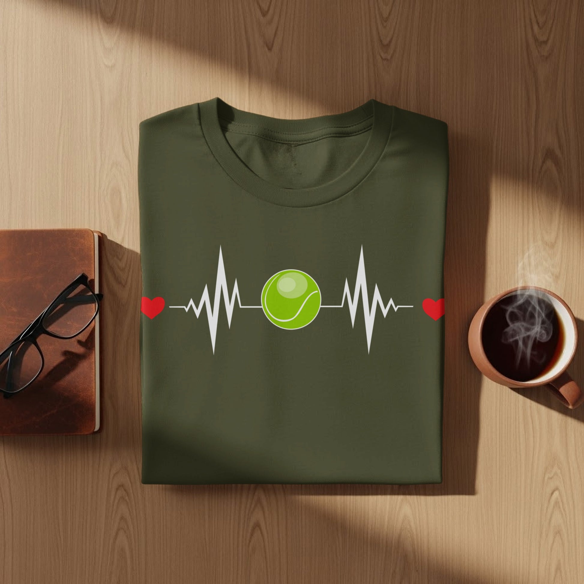 Olive green t-shirt with a green heartbeat line, tennis ball, and red hearts.