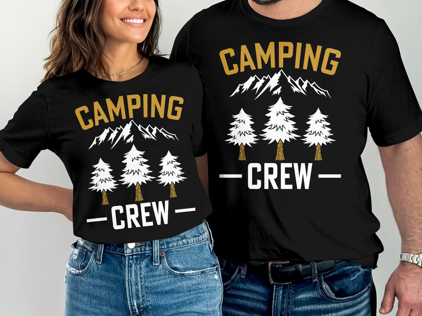 Black t-shirts with "Camping Crew" and mountain graphics.