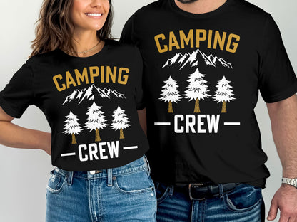 Black t-shirts with "Camping Crew" and mountain graphics.