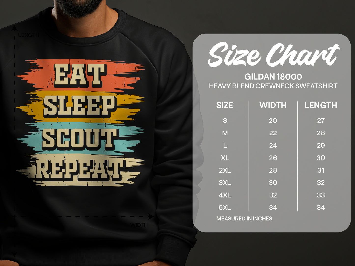 Gildan 18000 sweatshirt size chart with measurements in inches.