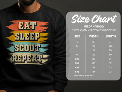 Gildan 18000 sweatshirt size chart with measurements in inches.