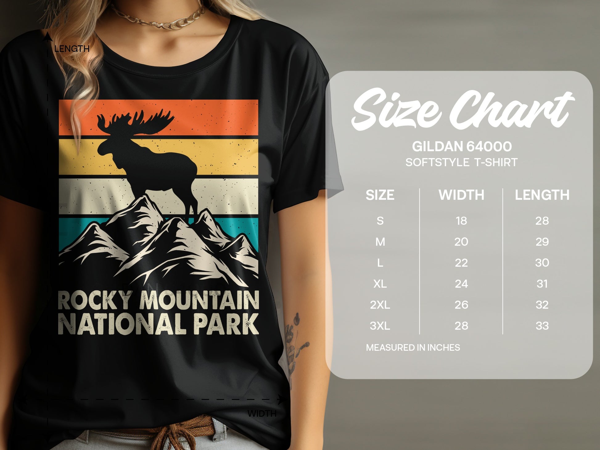 T-shirt with a moose silhouette over mountains and "Rocky Mountain National Park" text.